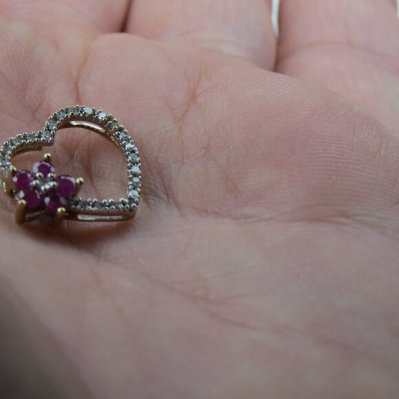 $1250 10k Yellow Gold Diamond & Ruby Heart Pendent - Picture 3 of 4